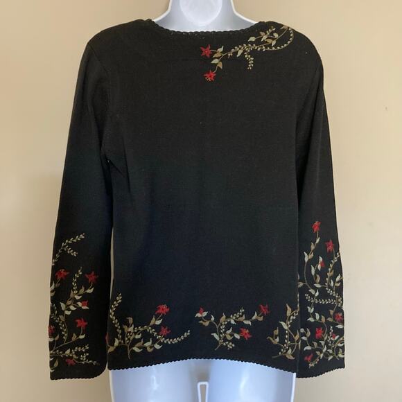 Peruvian Connection Black Floral Trim Pima Cotton Sweater Cardigan Size Large - Picture 2 of 16